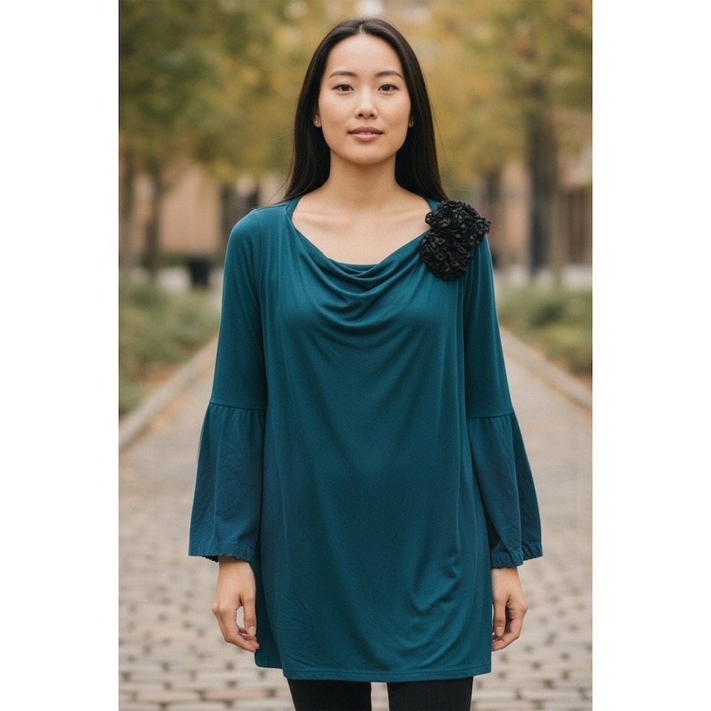 Vintage Suzi Dress Womens S Teal Cowl Neck Shift Tunic Beaded Sequin applique